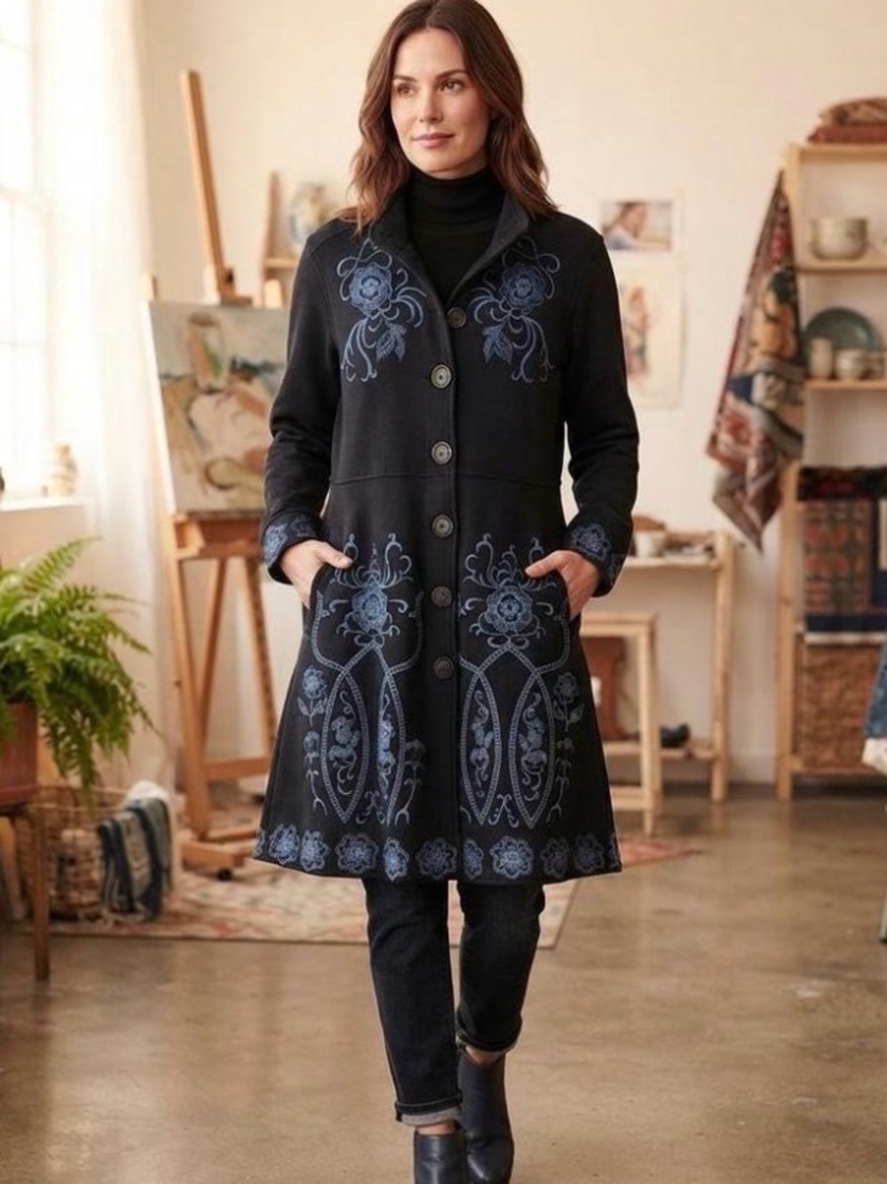 Johnny Was Black Coat with Blue Floral Embroidery